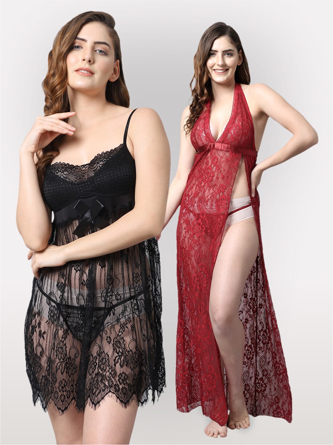 

Shararat Women Pack Of 2 Black & Maroon Halter Neck Lace Baby Doll