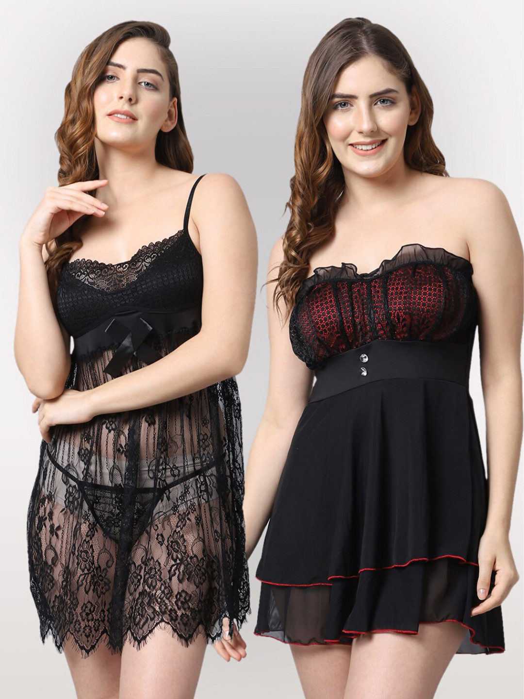

Shararat Women Pack Of 2 Black Lace Baby Doll
