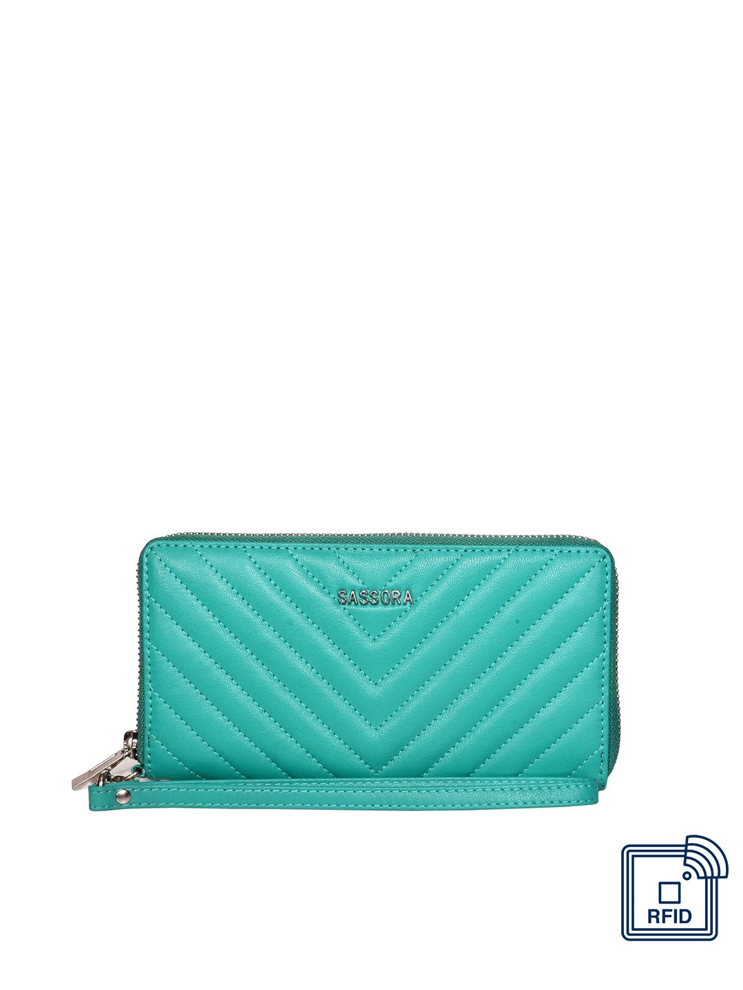 

Sassora Women Turquoise Blue & Silver-Toned Quilted Leather Zip Around Wallet