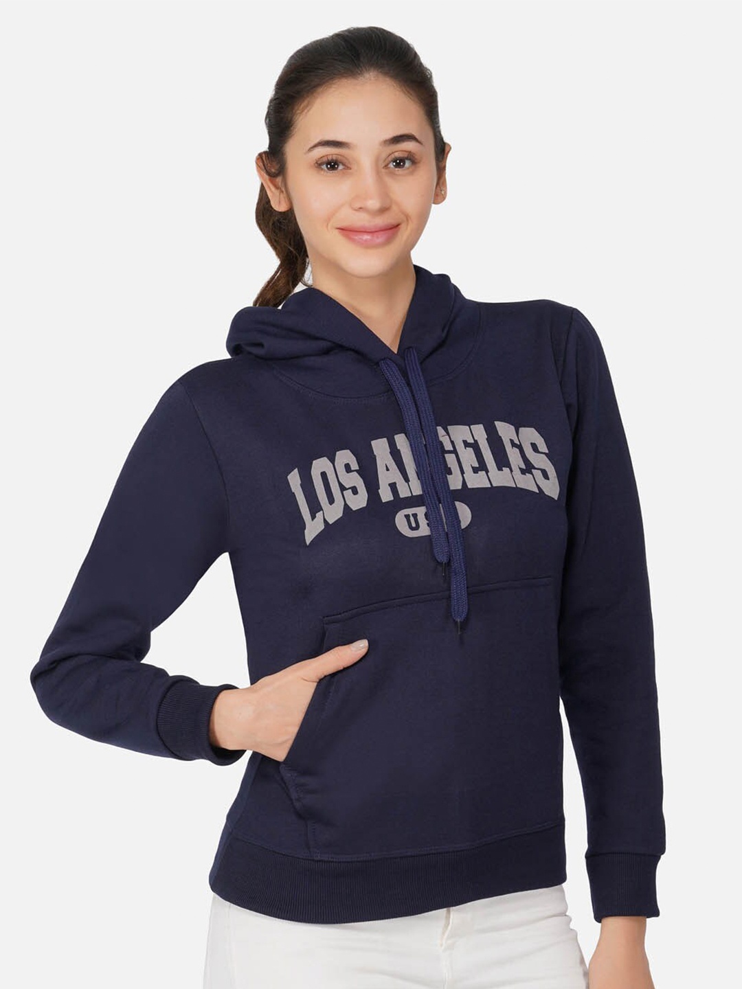 

NEU LOOK FASHION Women Navy Blue Printed Hooded Sweatshirt