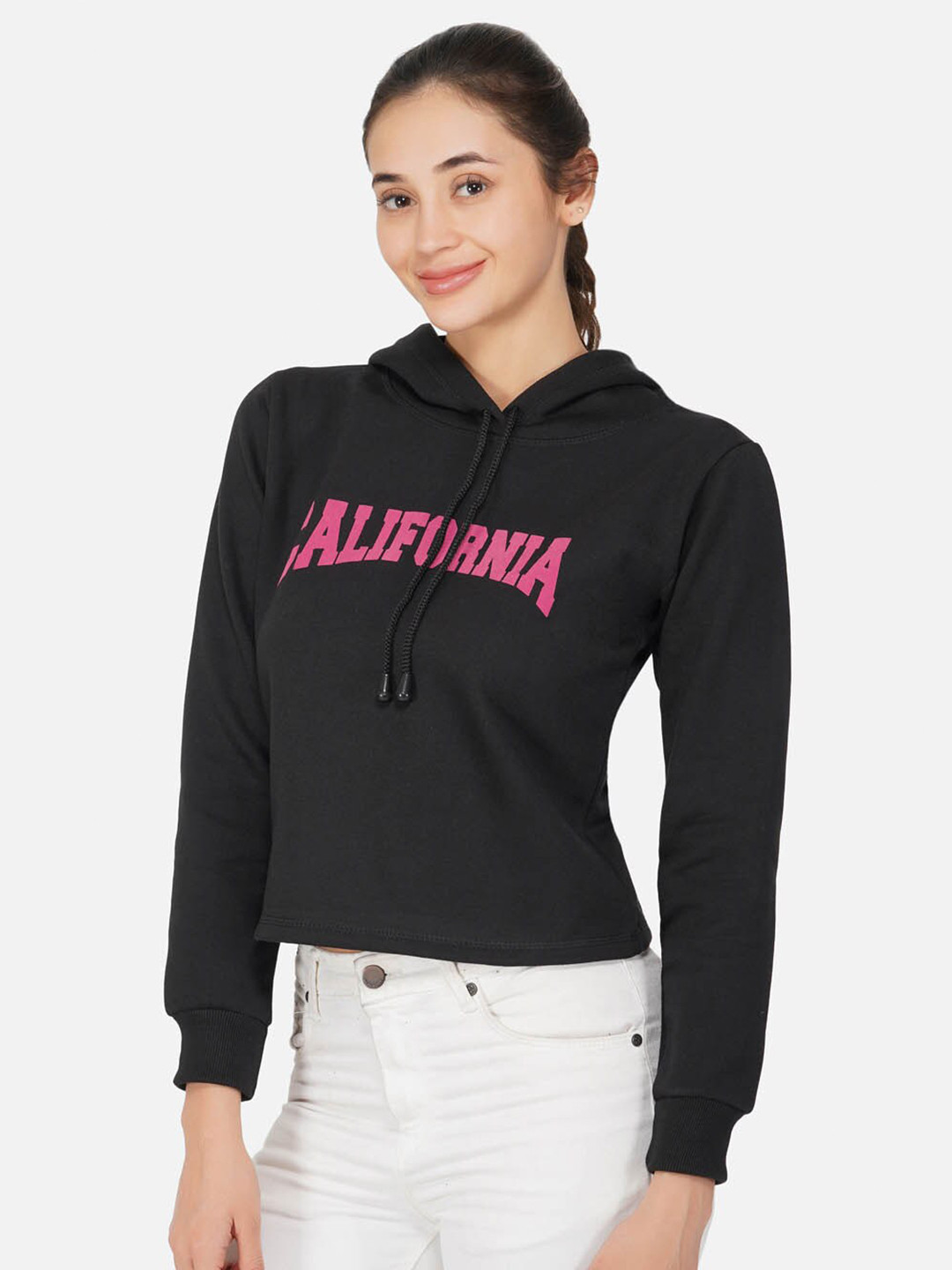 

NEU LOOK FASHION Women Black & Pink Printed Hooded Sweatshirt