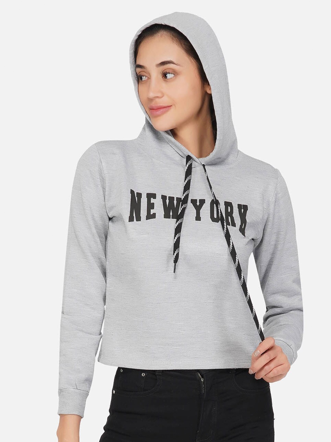 

NEU LOOK FASHION Women Grey Melange Printed Hooded Sweatshirt