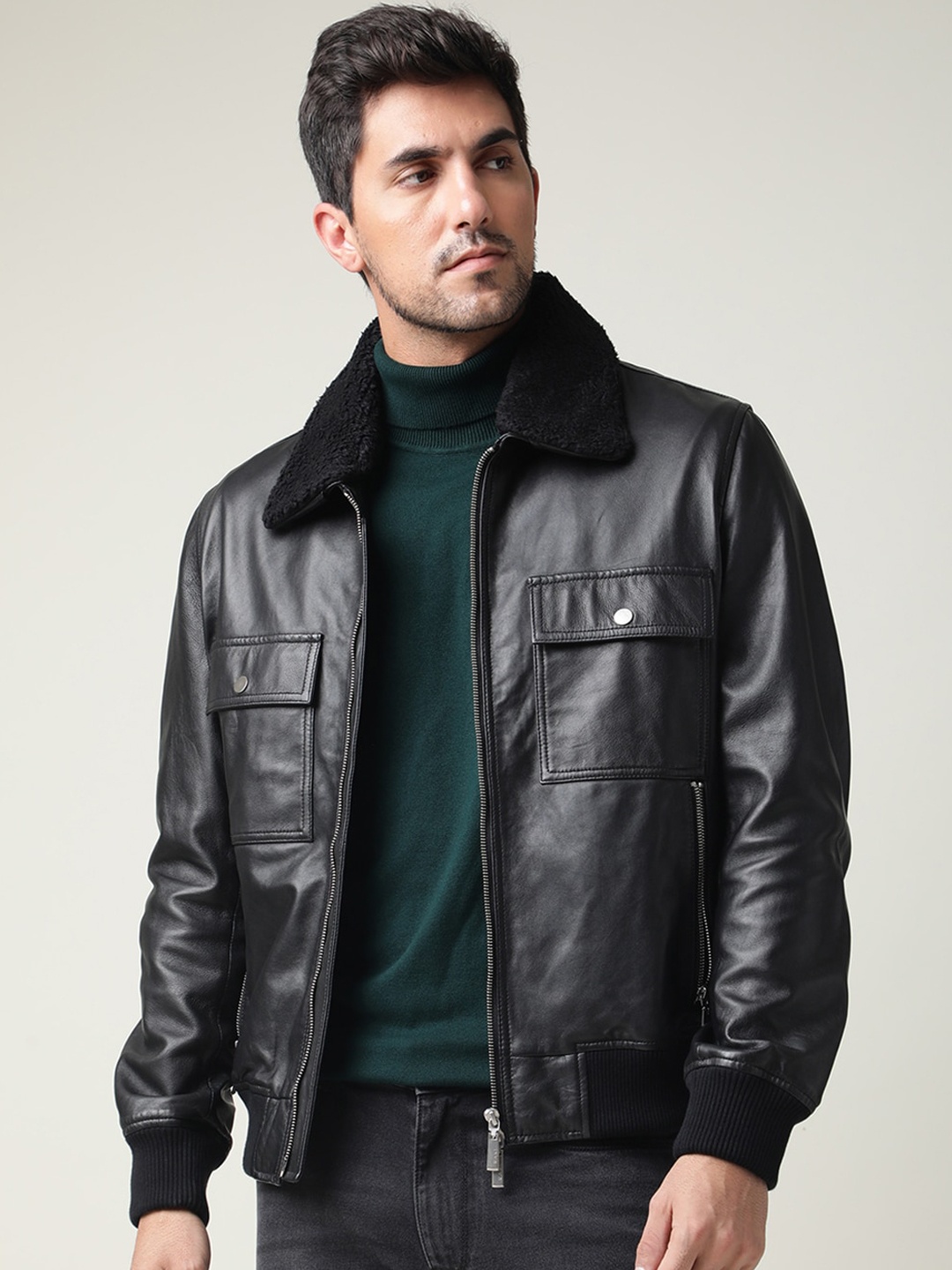 

RARE RABBIT Men Duren Slim Fit Duren Leather Jacket, Black