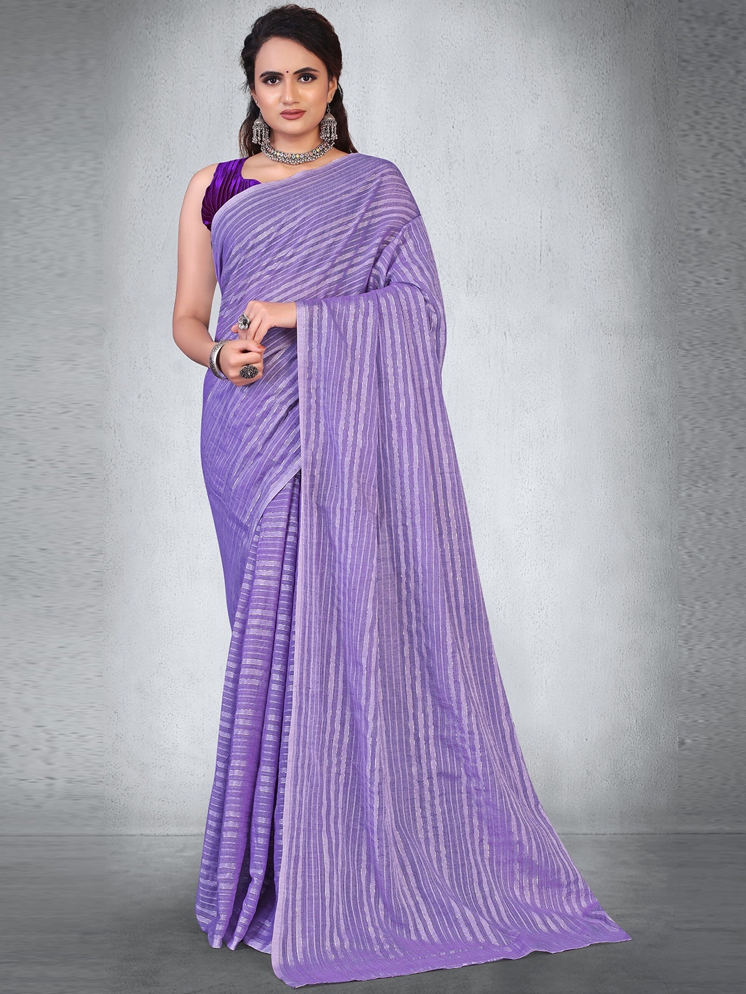 

BAPS Purple & Silver-Toned Leheriya Chanderi Saree
