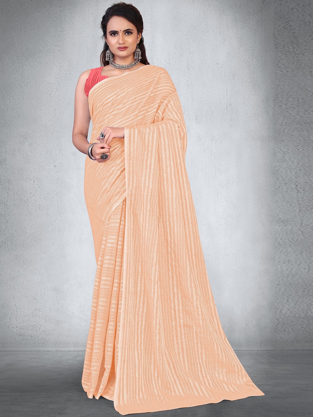 

BAPS Pink & Silver-Toned Striped Chanderi Saree