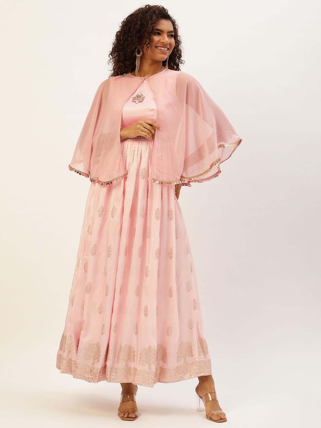 

Ethnovog Ethnic Motifs Cape Sleeves Maxi Dress, Pink