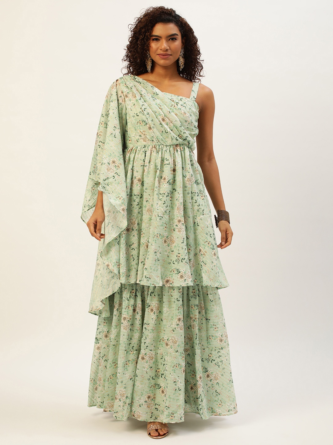 

Ethnovog Floral One Shoulder Layered Maxi Dress, Green