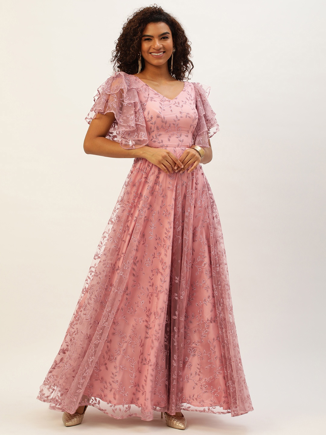 

Ethnovog Ethnic Motifs Cut-Outs Net Maxi Dress, Pink
