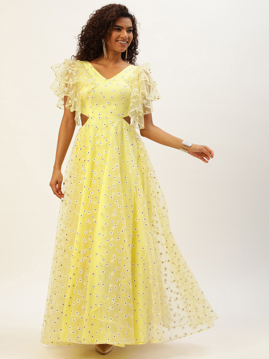 

Ethnovog Floral Cut-Outs Net Maxi Dress, Yellow