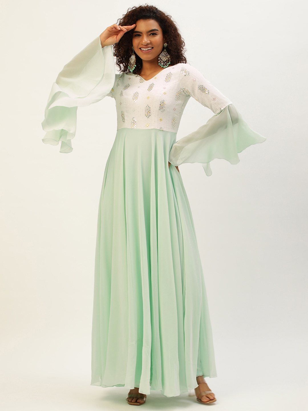 

Ethnovog Bell Sleeves Sequined Georgette Maxi Dress, Green