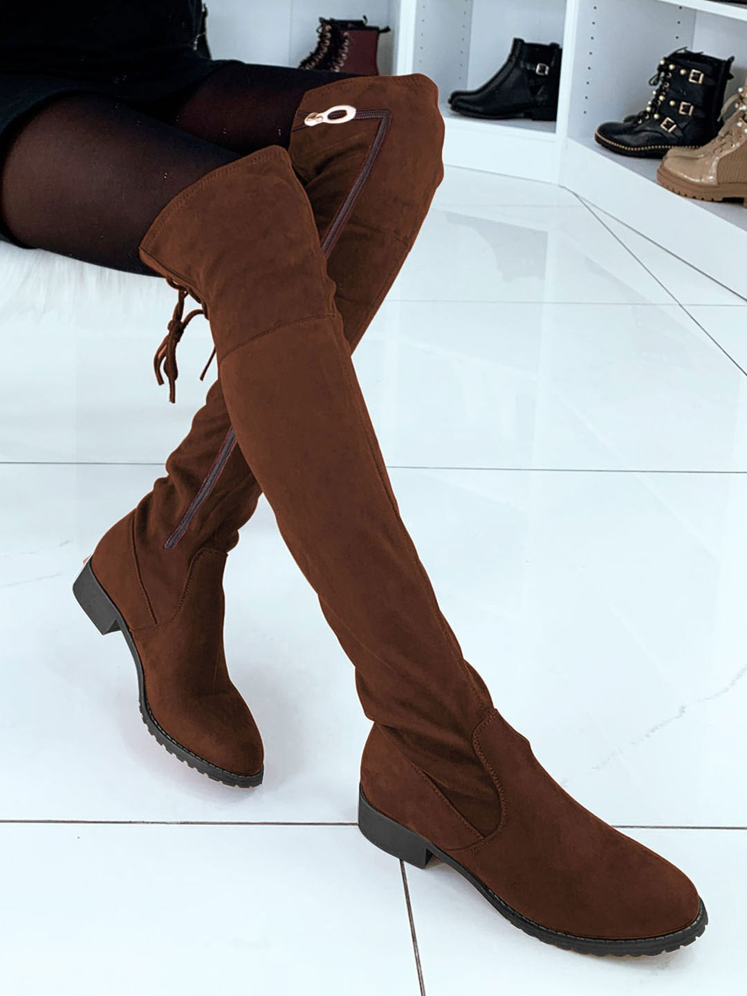 

Shoetopia Women Brown Solid Synthetic Knee High Block-Heeled Boots