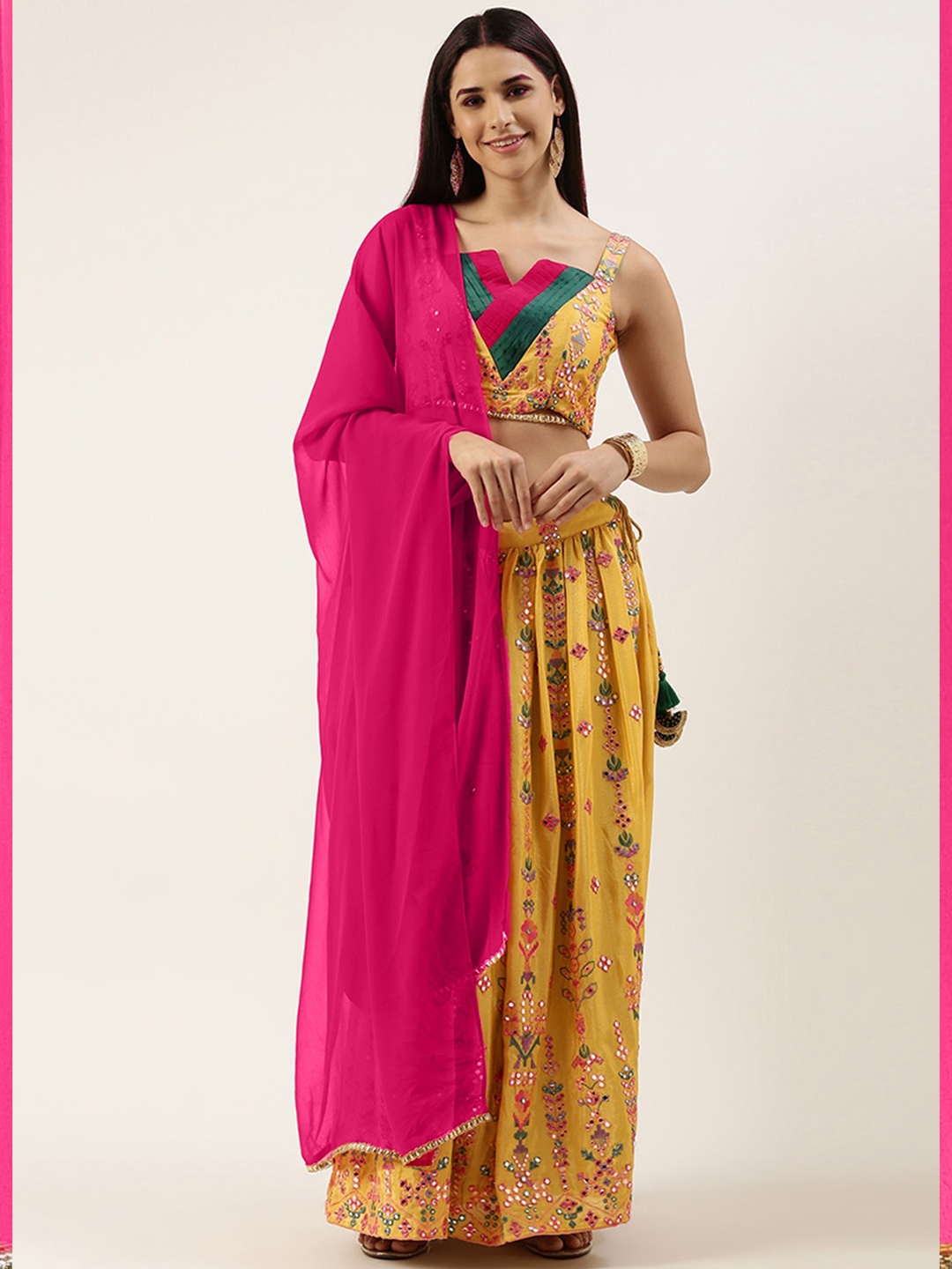 

Ethnovog Yellow Embroidered Mirror Work Ready to Wear Lehenga Blouse With Dupatta