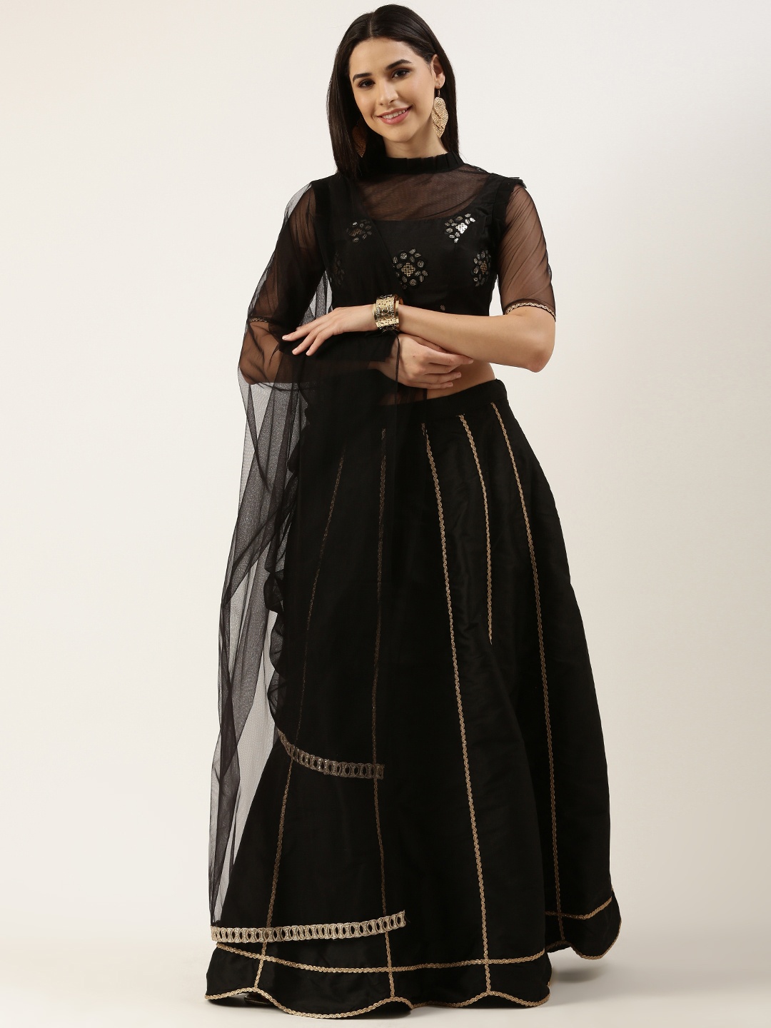 

Ethnovog Black Embellished Ready to Wear Lehenga Blouse With Dupatta