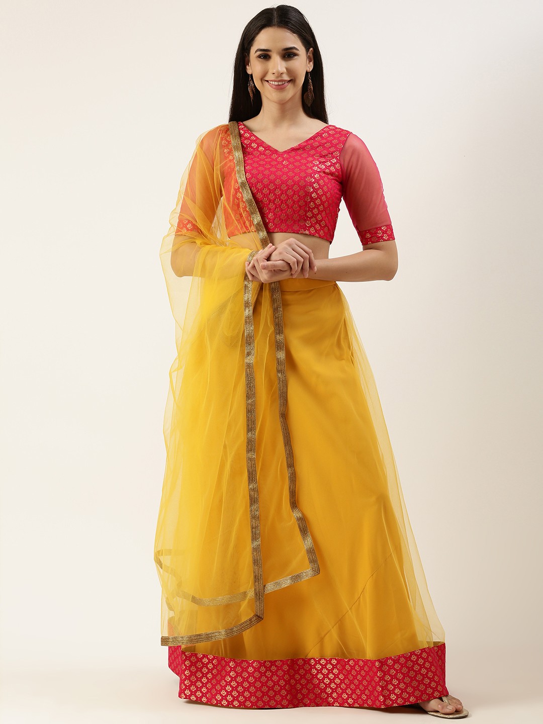 

Ethnovog Pink Yellow Embroidered Ready to Wear Lehenga Blouse With Dupatta