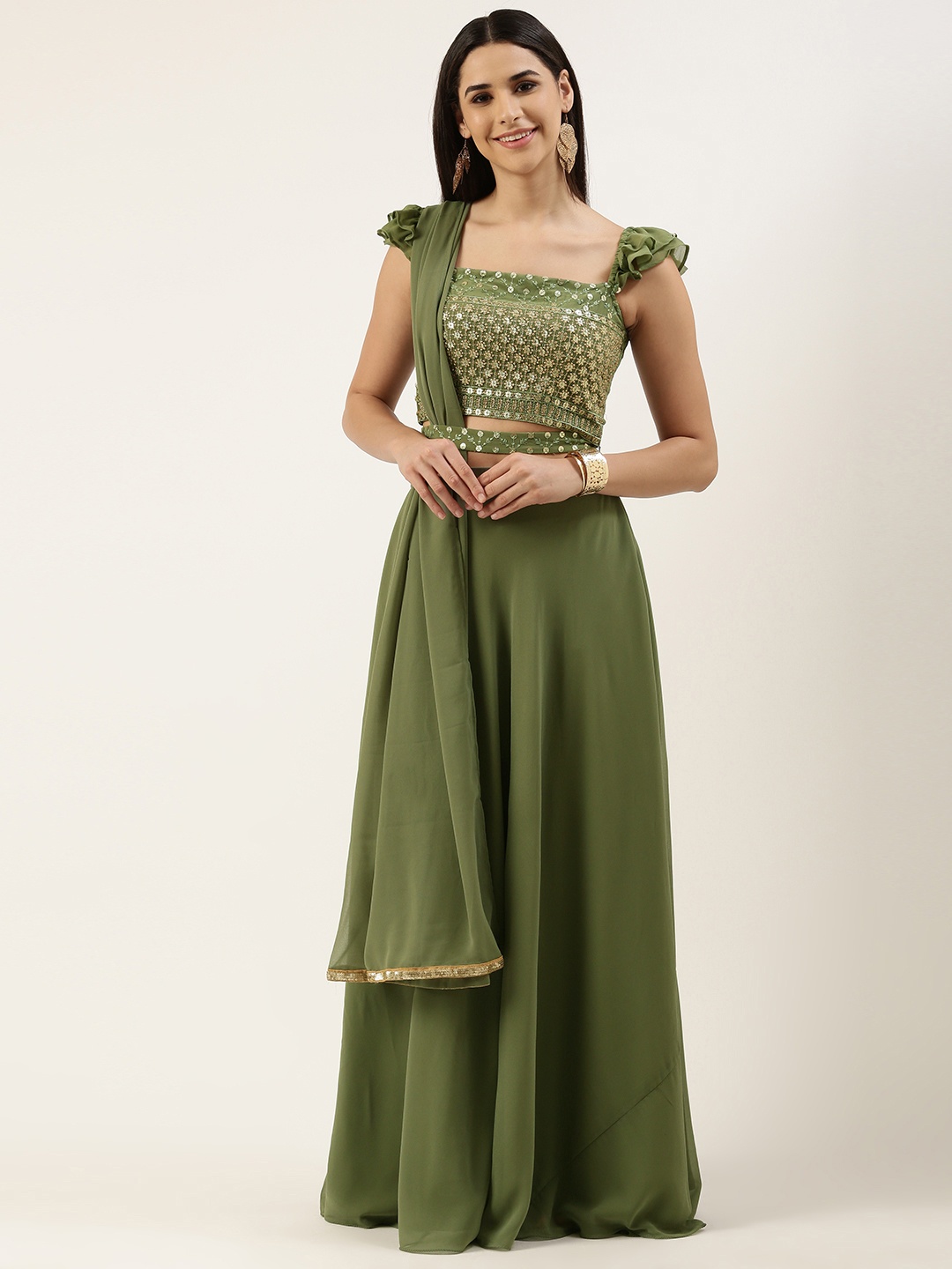 

Ethnovog Green Embroidered Ready to Wear Lehenga Blouse With Dupatta