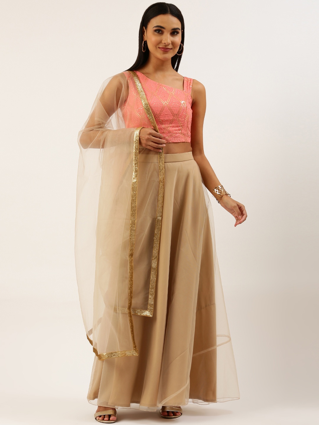 

Ethnovog Peach-Coloured Beige Sequinned Ready to Wear Lehenga Blouse With Dupatta