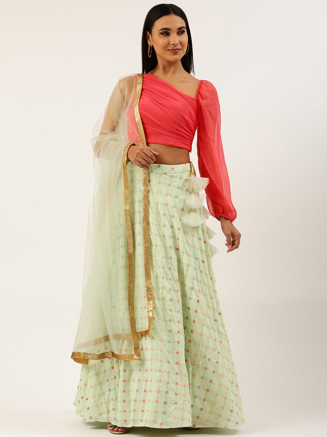 

Ethnovog Coral Red Green Solid Ready to Wear Lehenga Blouse With Dupatta