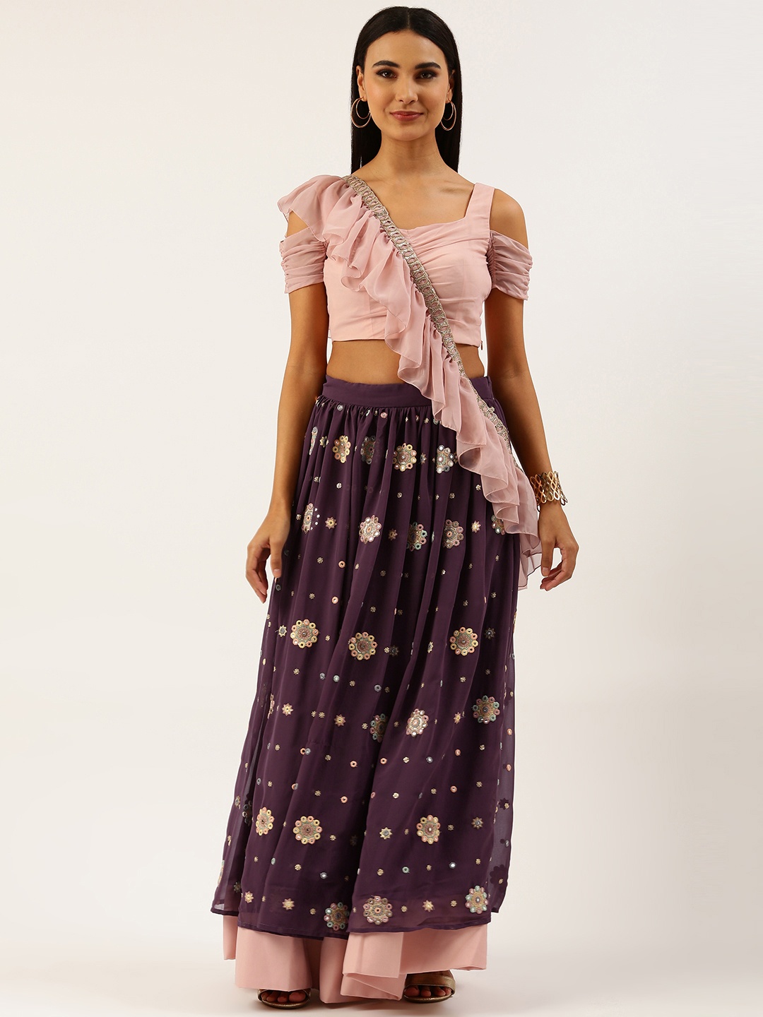 

Ethnovog Pink Purple Sequinned Ready to Wear Lehenga Blouse With Dupatta