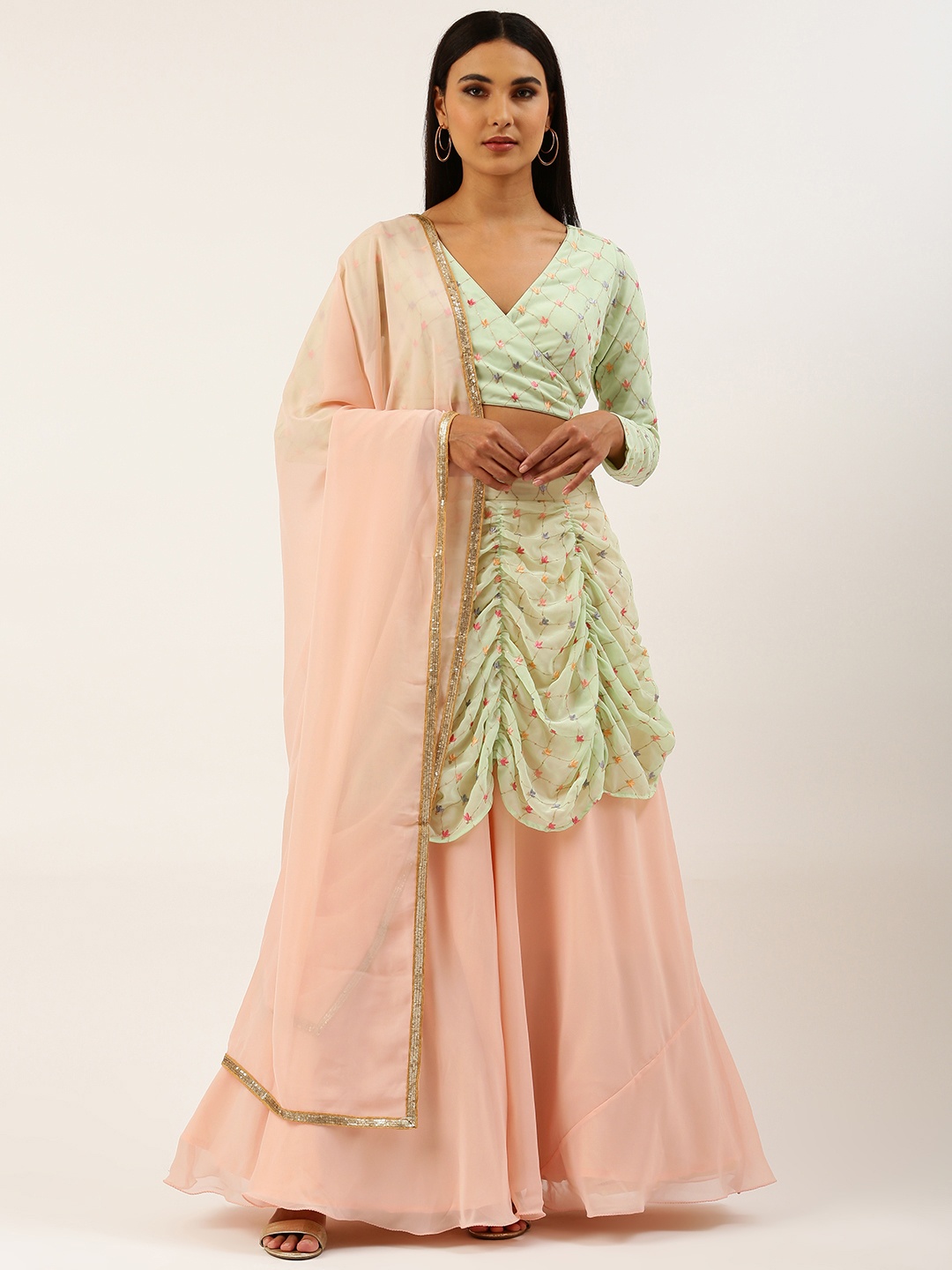 

Ethnovog Green Peach-Coloured Sequinned Ready to Wear Lehenga Blouse With Dupatta