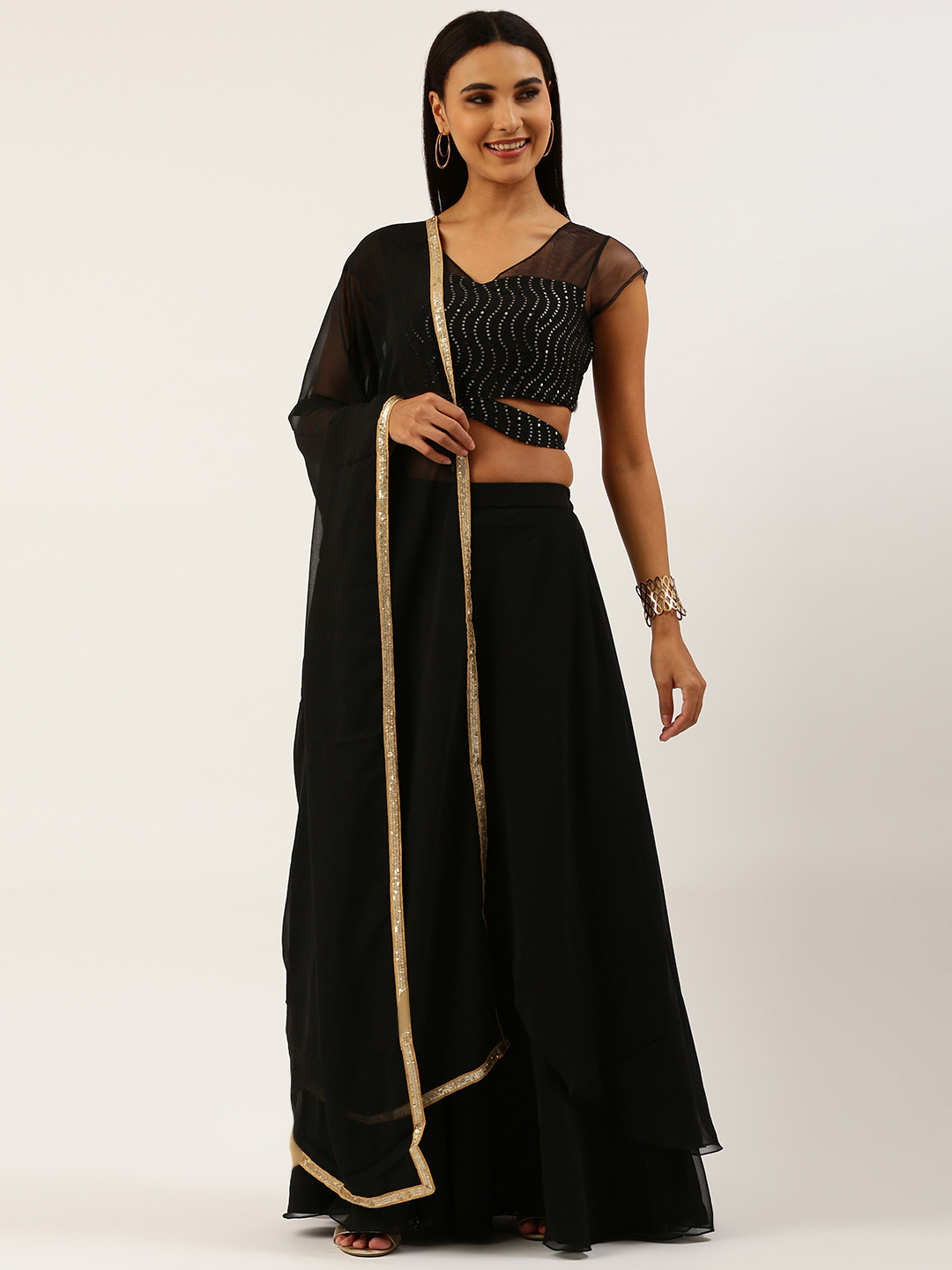 

Ethnovog Black Sequinned Ready to Wear Lehenga Blouse With Dupatta