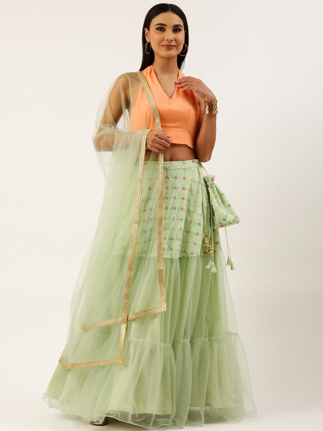 

Ethnovog Peach-Coloured Green Sequinned Ready to Wear Lehenga Blouse With Dupatta Potli Bag