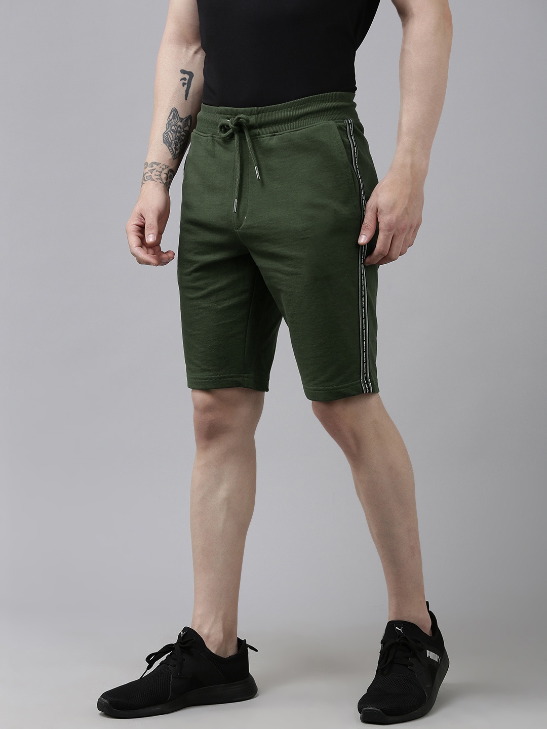 

U.S. Polo Assn. Denim Co. Men Solid Mid-Rise Knitted Shorts With Side Taping Detail, Olive