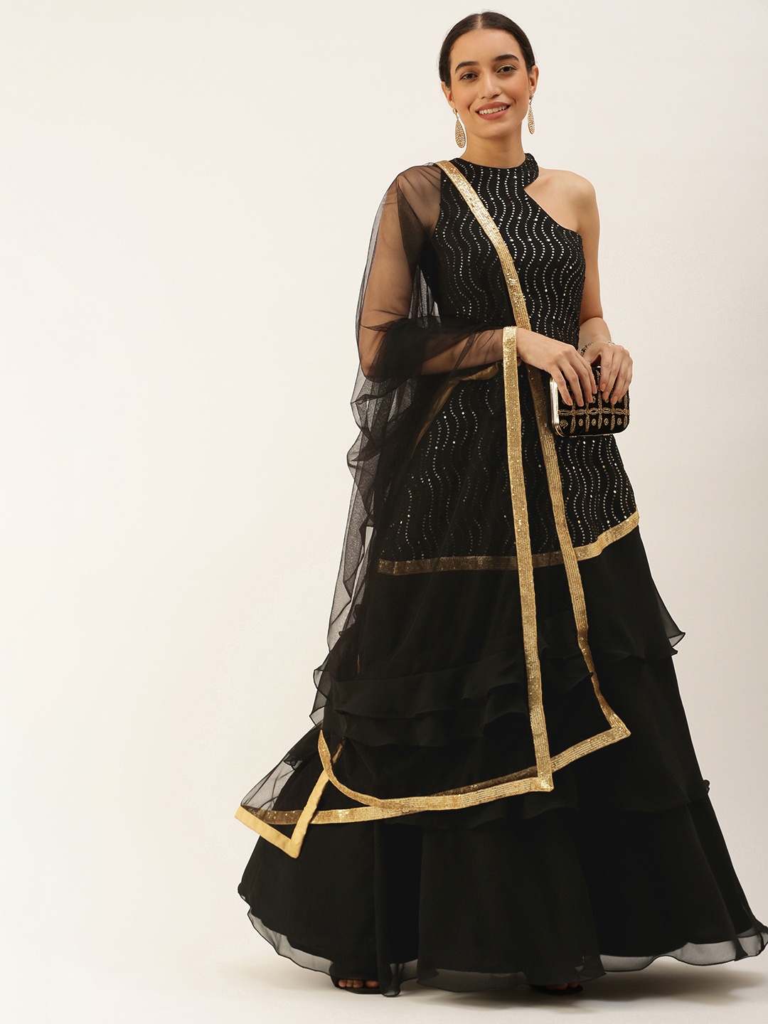 

Ethnovog Sequinned Ready to Wear Lehenga Blouse With Dupatta, Black