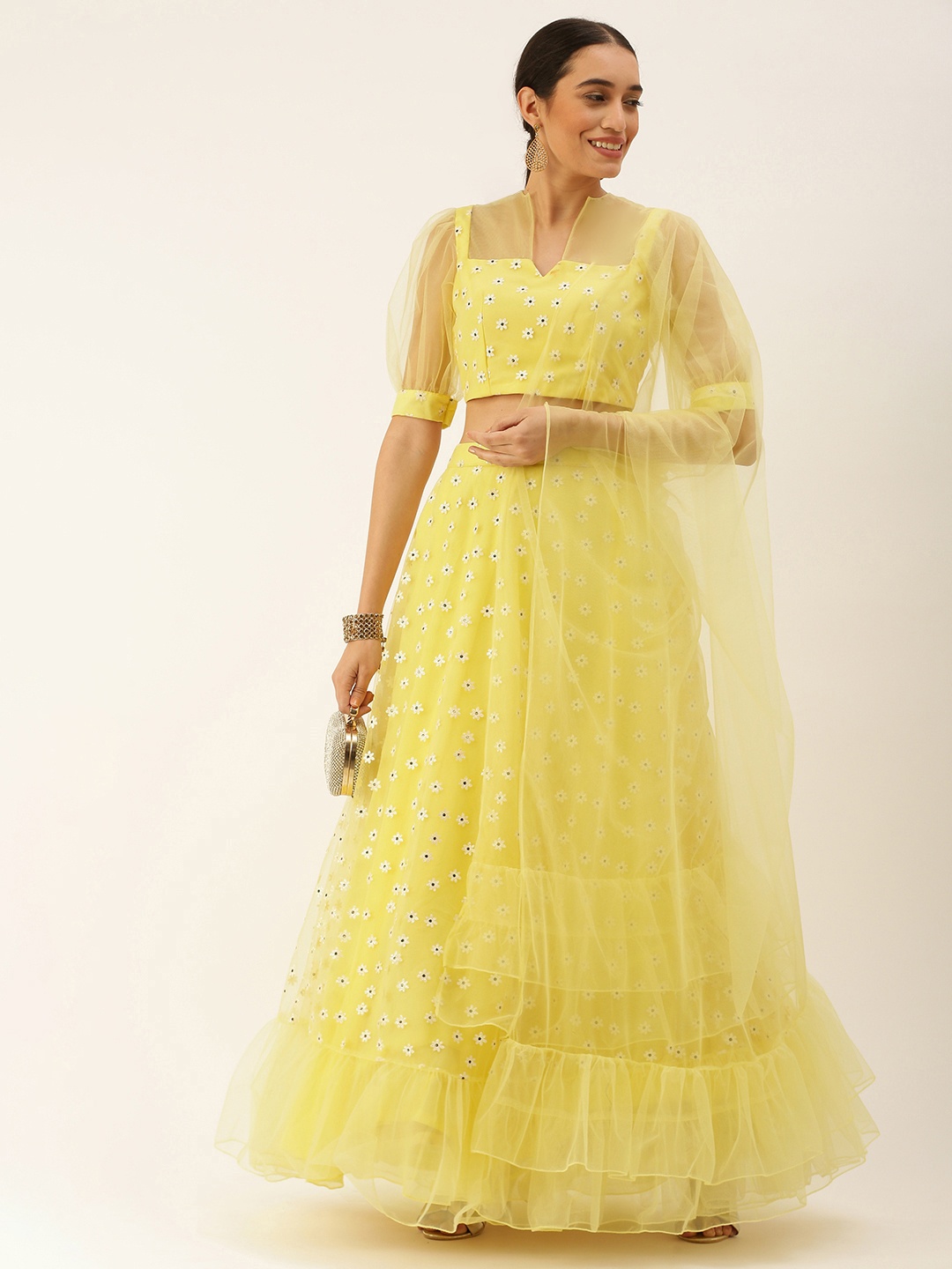 

Ethnovog Foil Print Net Ready to Wear Lehenga Blouse With Dupatta, Yellow