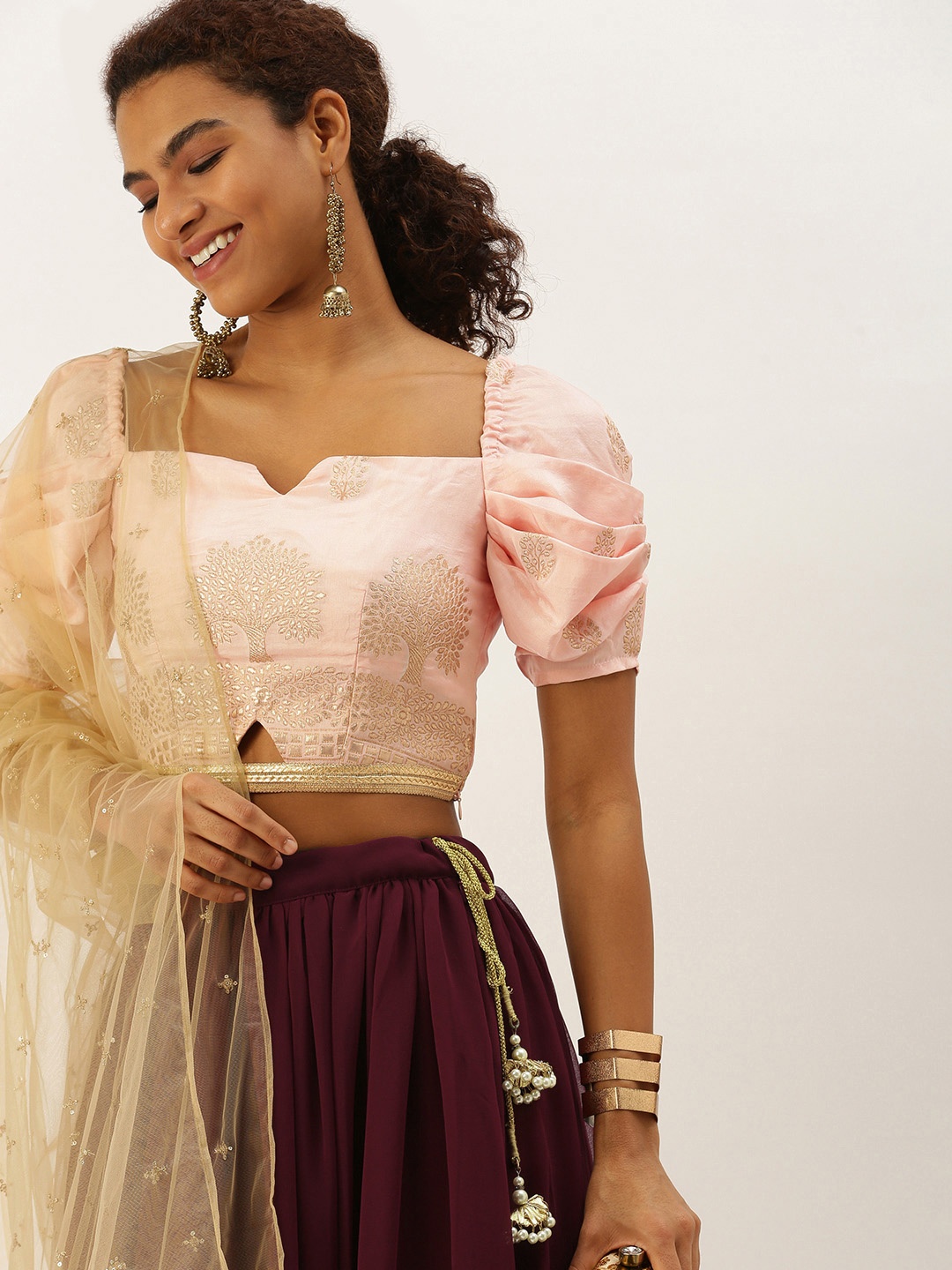 

Ethnovog Jacquard Ready to Wear Lehenga Blouse With Dupatta, Pink