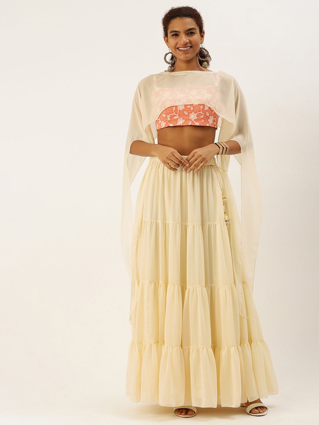 

Ethnovog Embroidered Ready to Wear Lehenga Blouse With Jacket, Peach