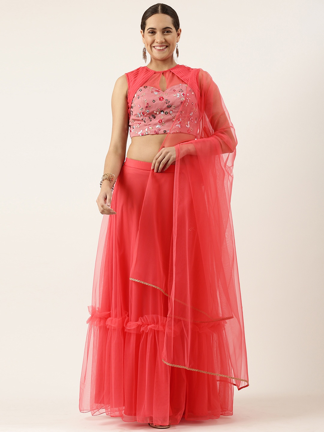 

Ethnovog Ready To Wear Rouge Pink Chinon Embroidered Lehenga Set