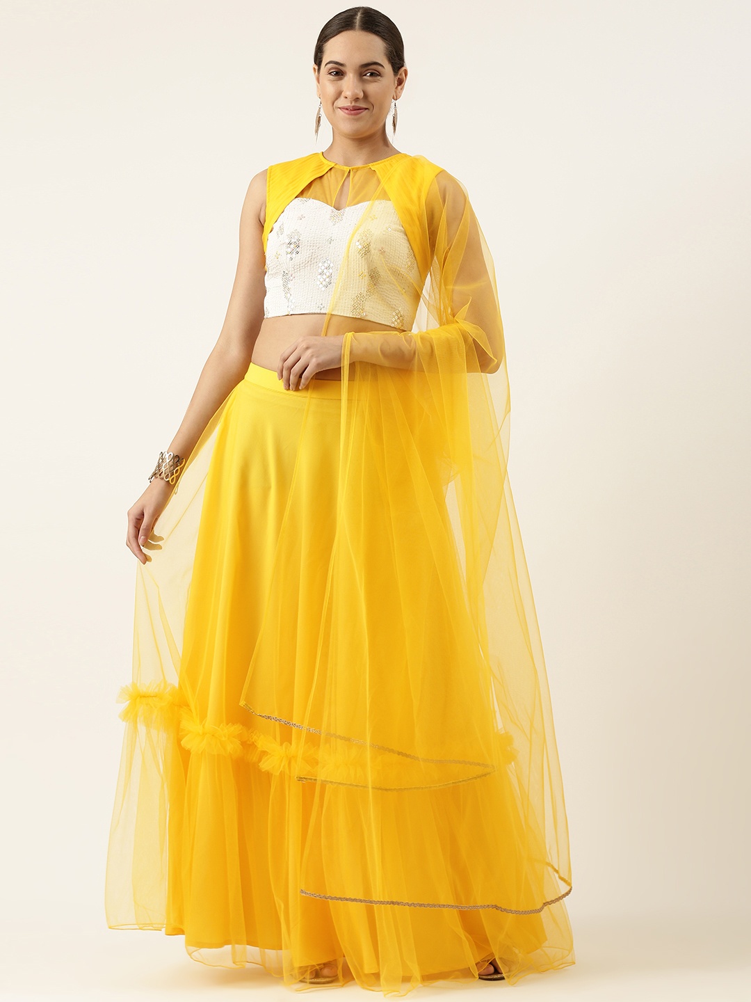 

Ethnovog Ready To Wear White Chinon Embroidered Lehenga Set, Yellow