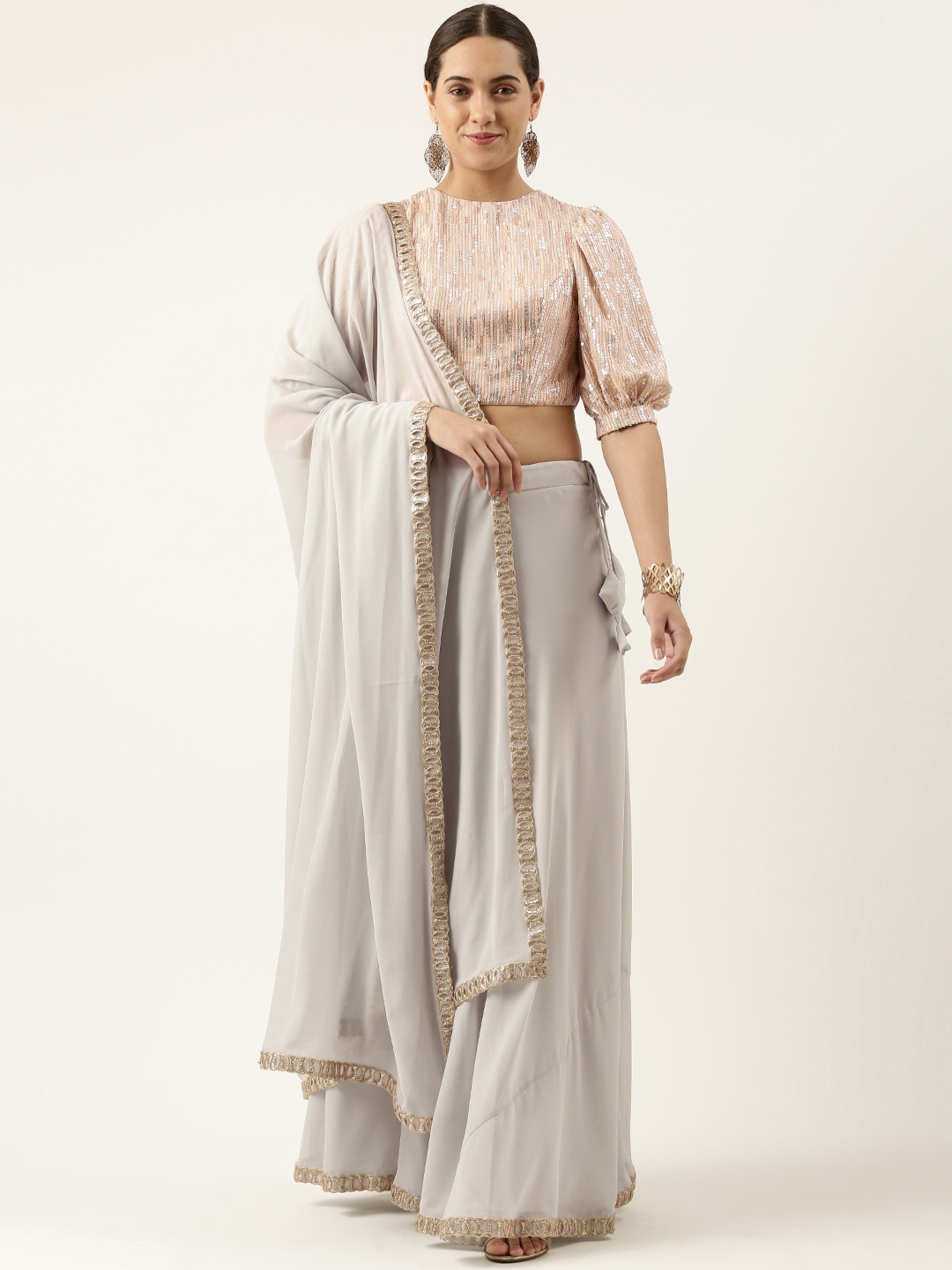 

Ethnovog Ready To Wear Grey N Dusty Peach Embroidered Lehenga Set