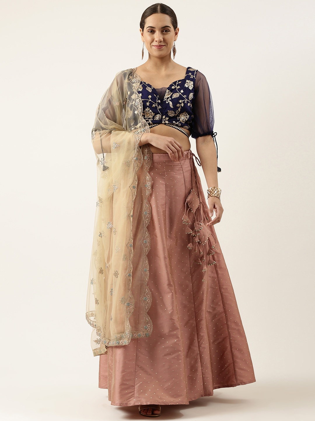 

Ethnovog Ready To Wear Peach N Navy Blue Embroidered Lehenga Set