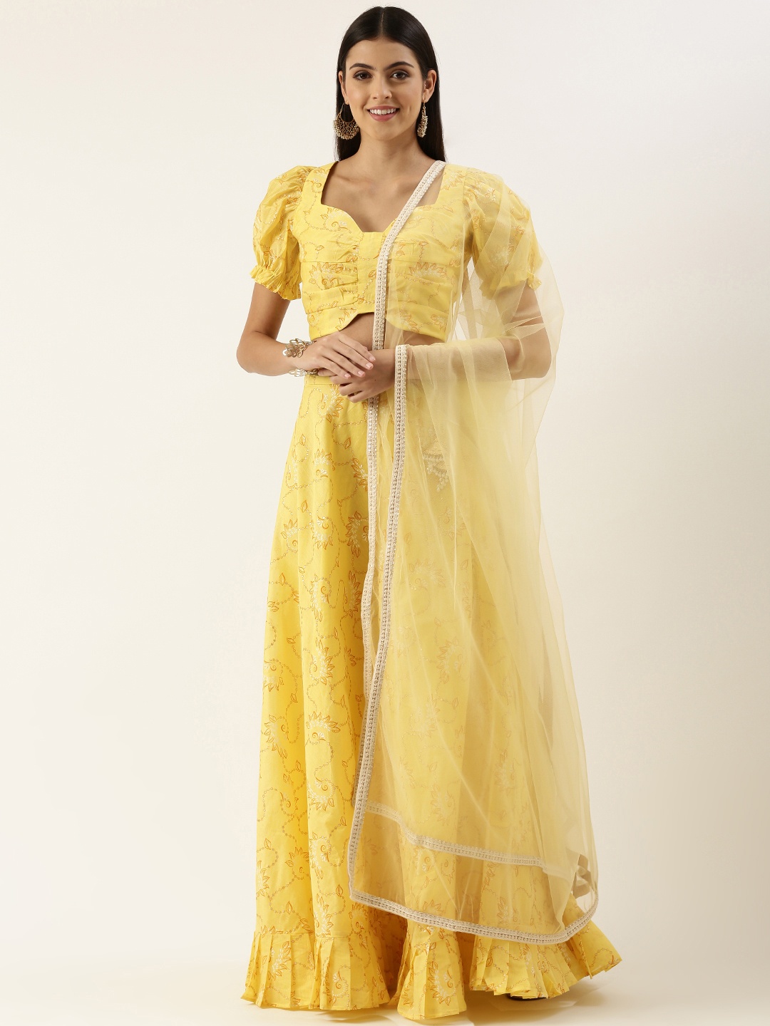 

Ethnovog Yellow Printed Ready to Wear Lehenga Blouse With Dupatta