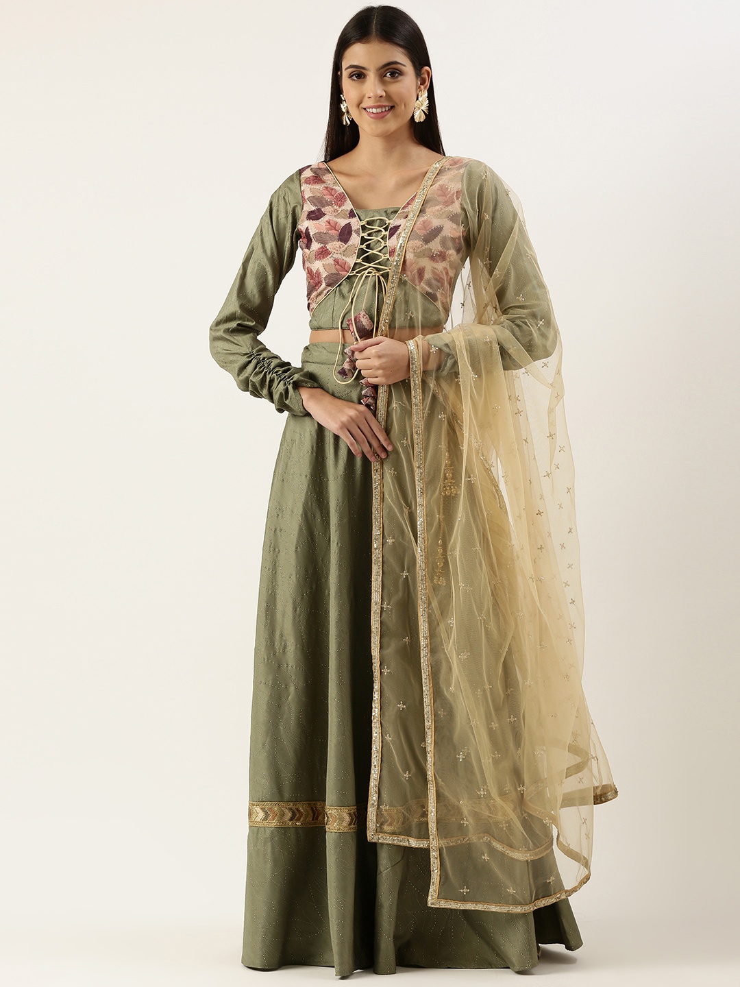 

Ethnovog Embellished Sequinned Ready to Wear Lehenga Blouse With Dupatta, Green