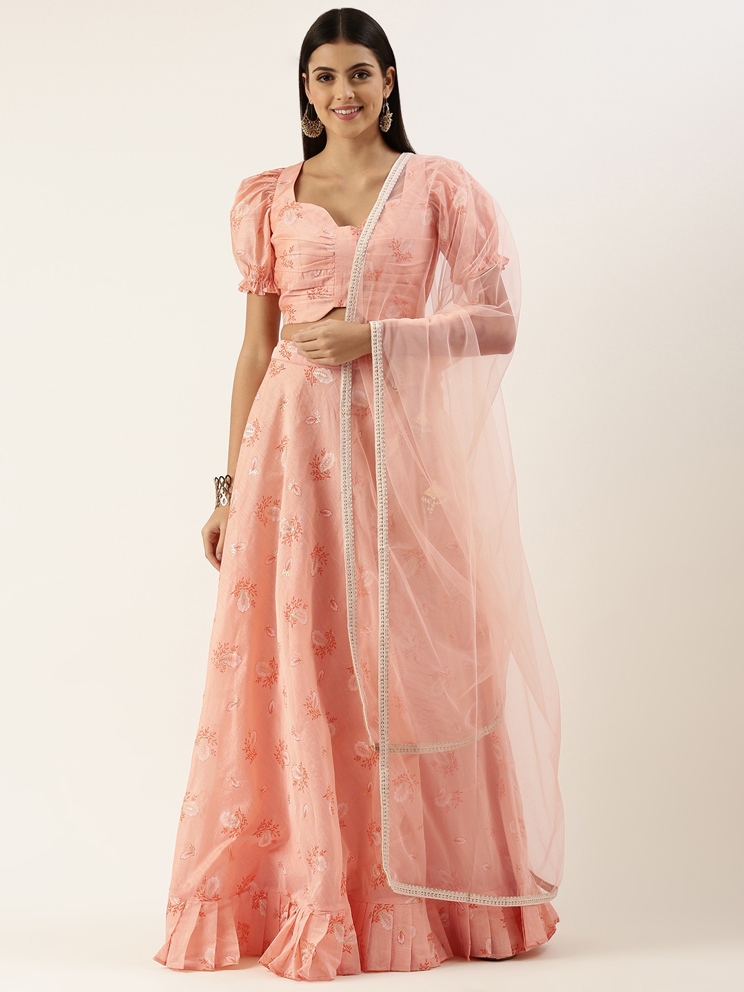 

Ethnovog Printed Ready to Wear Lehenga Blouse With Dupatta, Peach