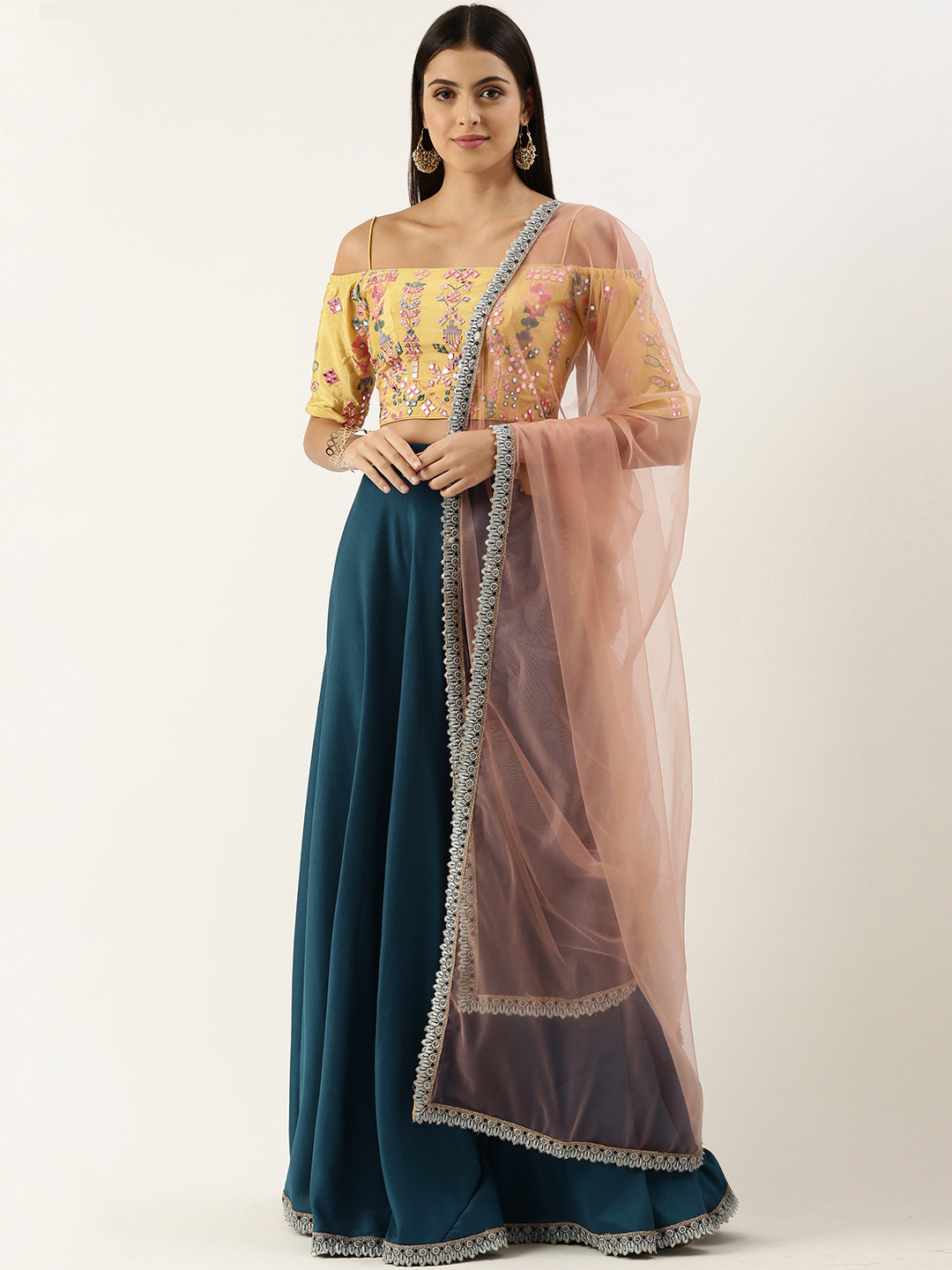 

Ethnovog Yellow Blue Mirror Work Ready to Wear Lehenga Blouse With Dupatta