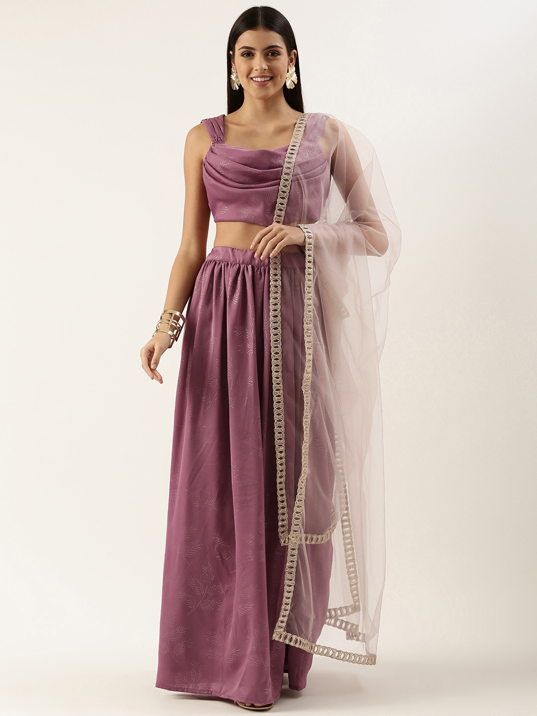 

Ethnovog Embellished Beads Stones Ready to Wear Lehenga Blouse With Dupatta, Mauve
