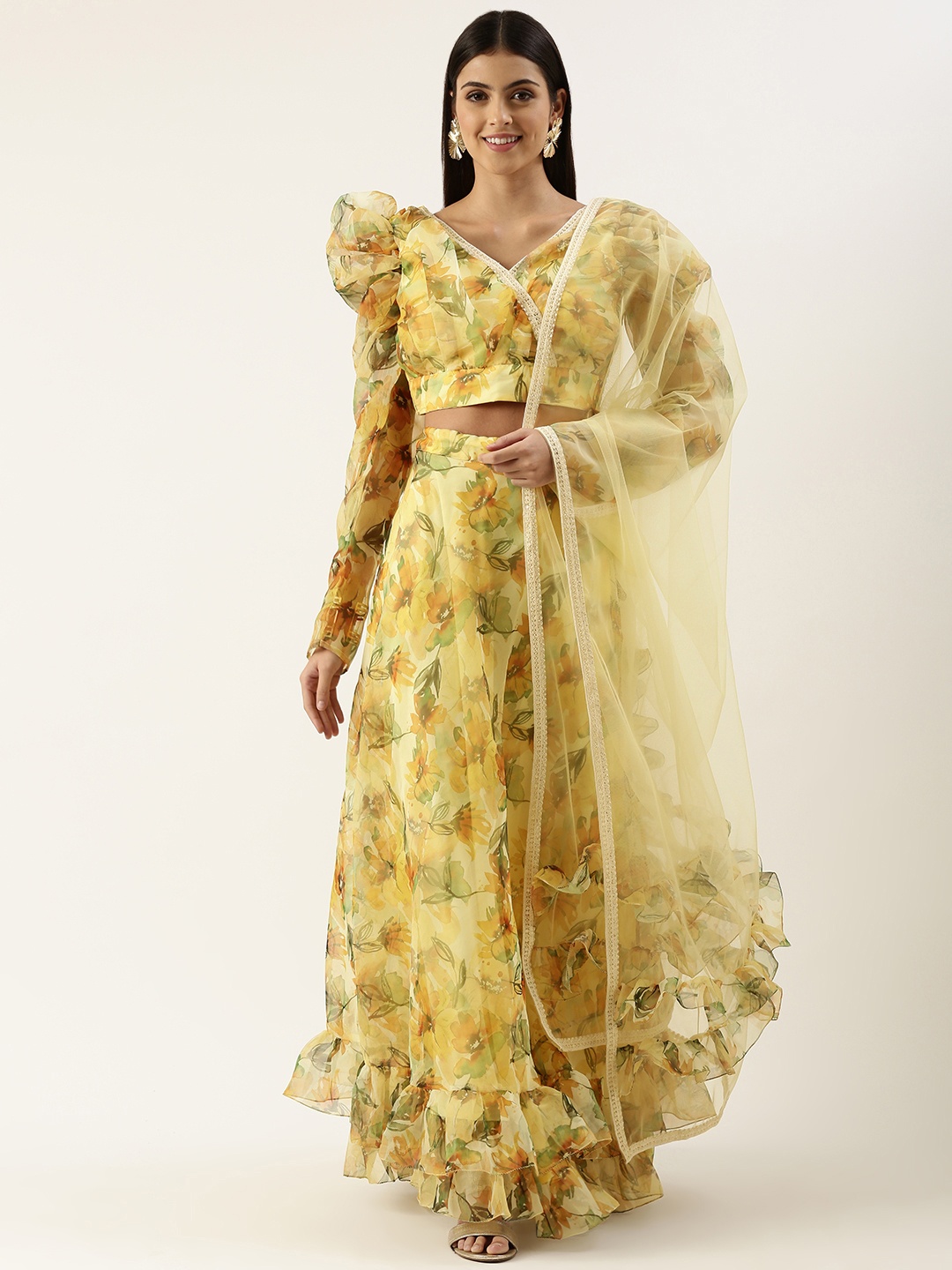 

Ethnovog Printed Ready to Wear Lehenga Blouse With Dupatta, Yellow