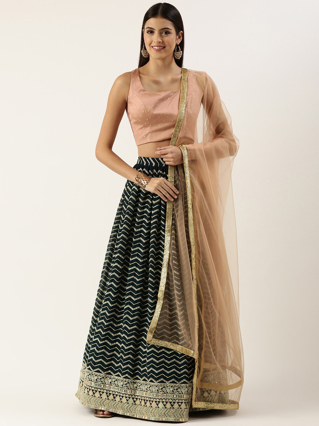 

Ethnovog Sequinned Ready to Wear Lehenga Blouse With Dupatta, Peach