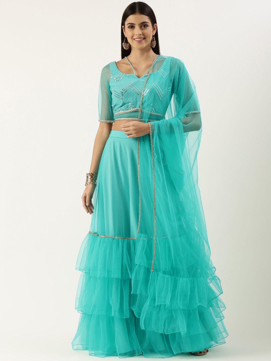

Ethnovog Embroidered Sequinned Ready to Wear Lehenga Blouse With Dupatta, Green