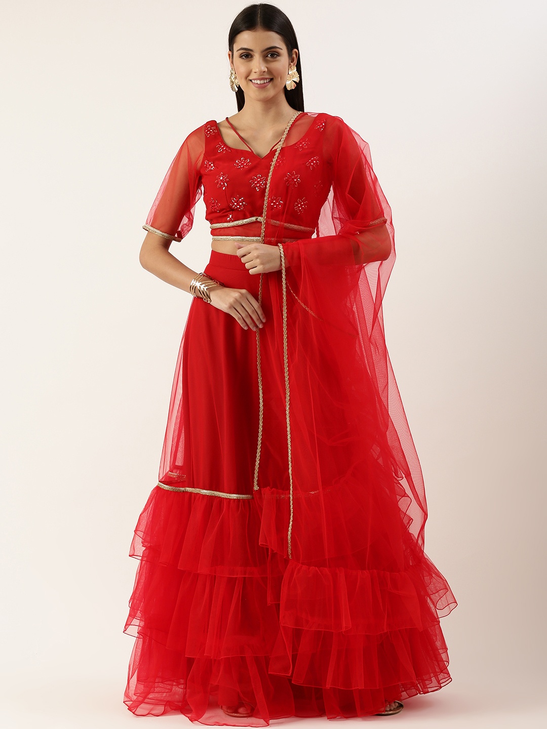 

Ethnovog Embroidered Mirror Work Ready to Wear Lehenga Blouse With Dupatta, Red