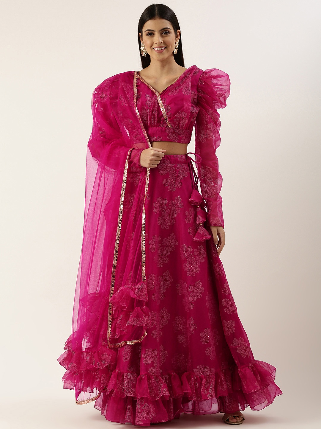 

Ethnovog Embellished Beads Stones Ready to Wear Lehenga Blouse With Dupatta, Pink