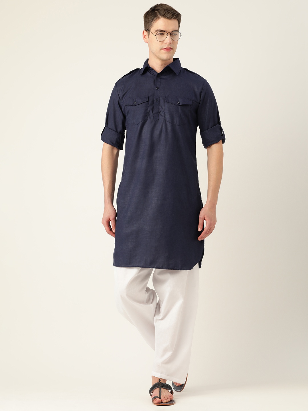 

Molly & Michel Men Blue Solid Pure Cotton Pathani Kurta with Salwar