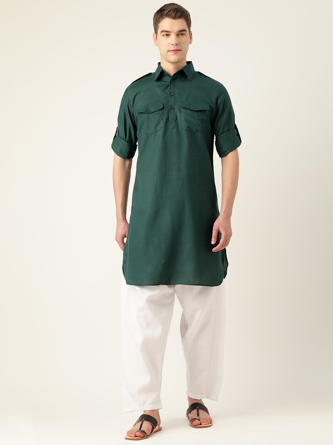 

Molly & Michel Men Teal Green Solid Pure Cotton Pathani Kurta with Salwar