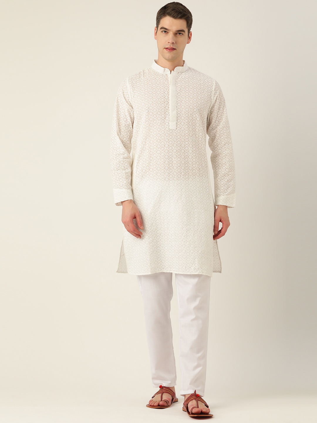 

Molly & Michel Men White Pure Cotton Chikankari Embroidered Kurta with Pyjamas