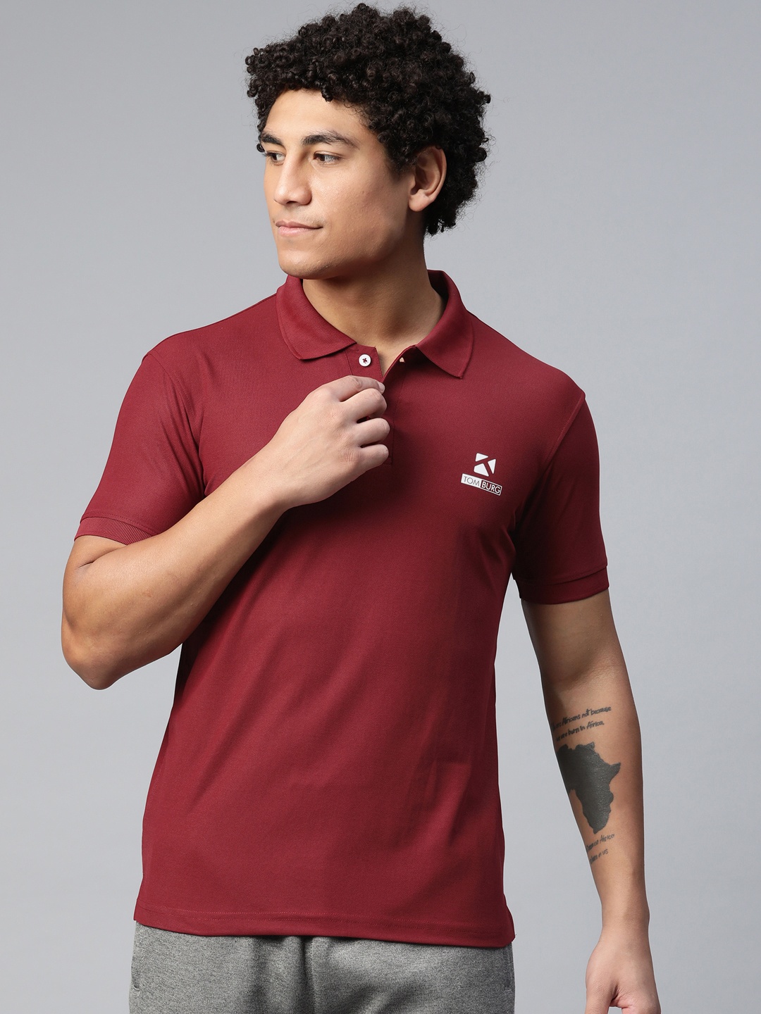 

TOM BURG Men Maroon Brand Logo Printed Polo Collar Antimicrobial T-shirt