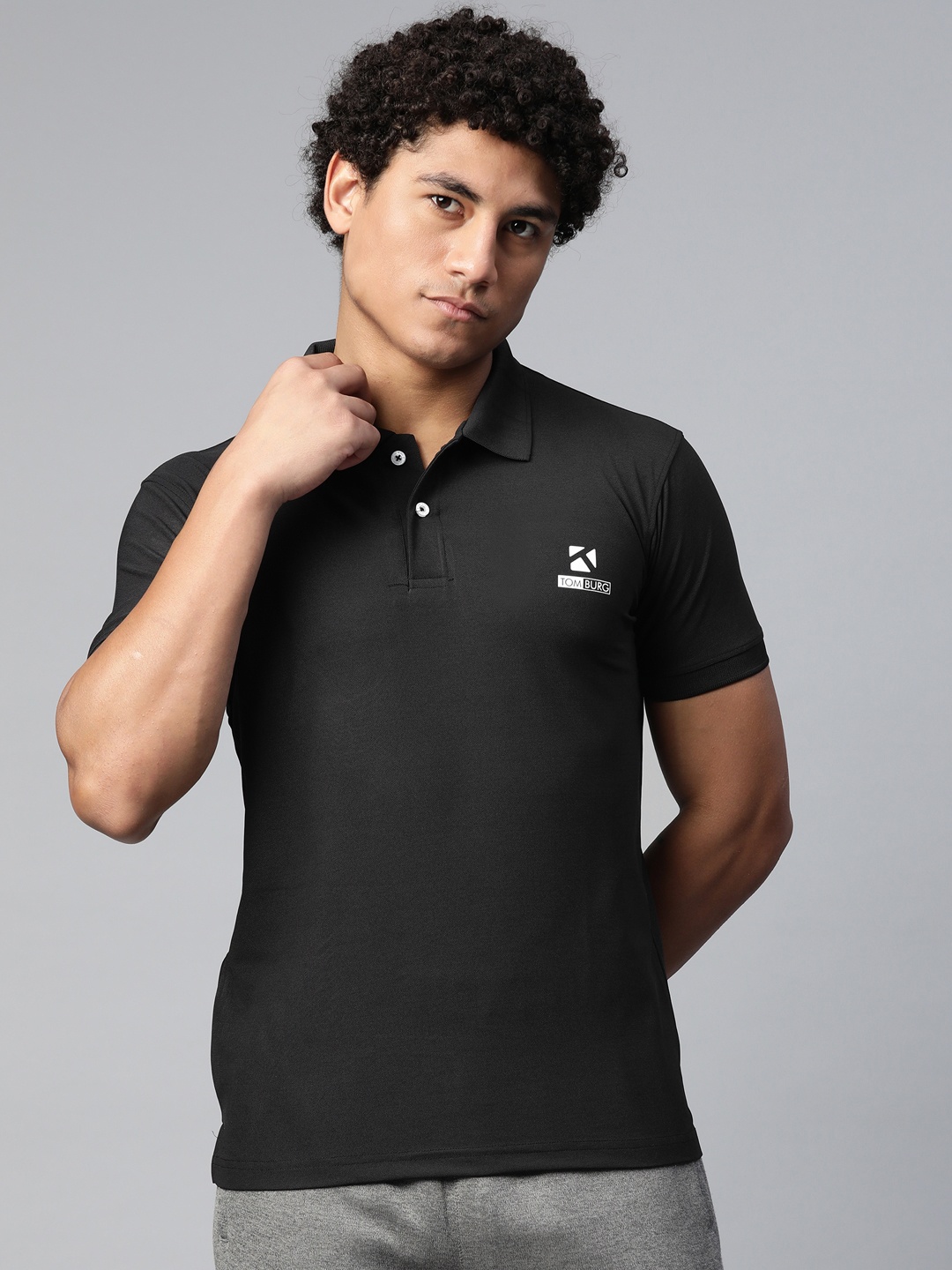 

TOM BURG Men Black Brand Logo Printed Polo Collar Antimicrobial T-shirt