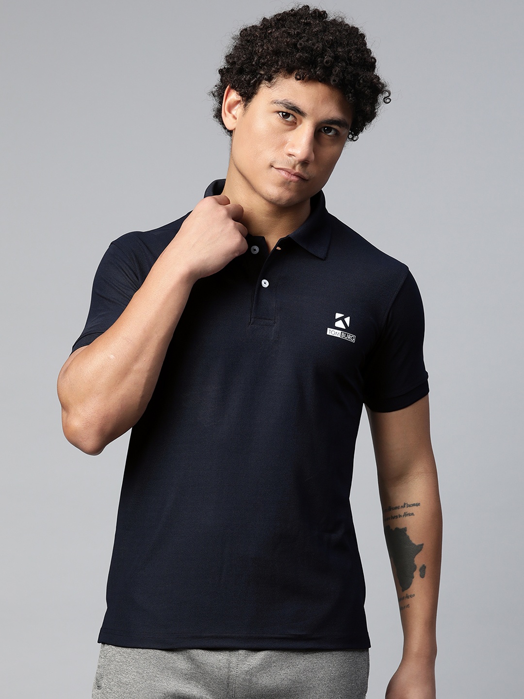

TOM BURG Men Navy Blue Brand Logo Printed Polo Collar Antimicrobial T-shirt